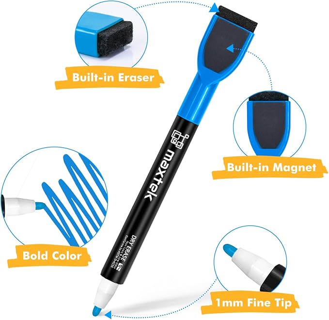 maxtek Dry Erase Markers - 6 Count Colorful Magnetic Dry Erase Markers Fine Tip with Eraser, Low Odor Whiteboard Markers for Calendar Boards
