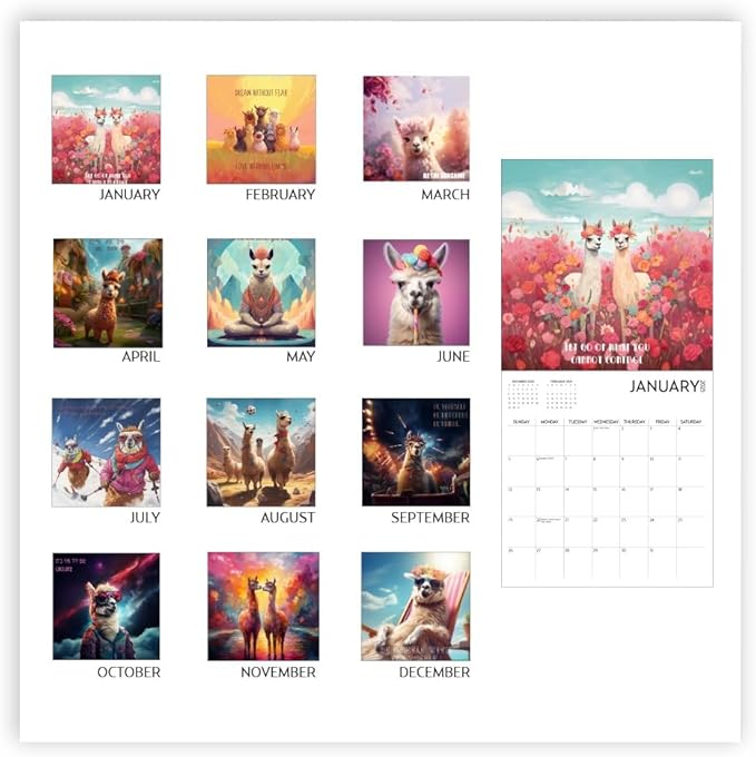 Llama Love Calendar 2025 with Sticker Pack, 12 x 12 inch, Inspiration Quotes, Llama Gift, Llama Wall Calendar and Sticker Set