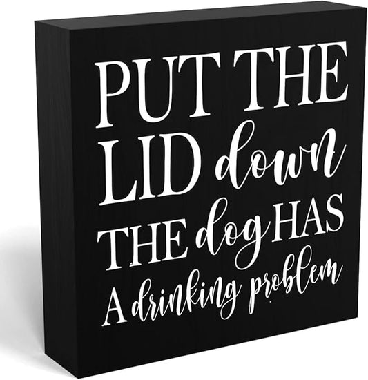 mmiishe Put the Lid Down the Dog Has a Drinking Problem Wooden Box Sign Decorative Funny Bathroom Wood Box Sign Home Decor Rustic Farmhouse Square Desk Decor Sign for Shelf 5 x 5 Inches-503