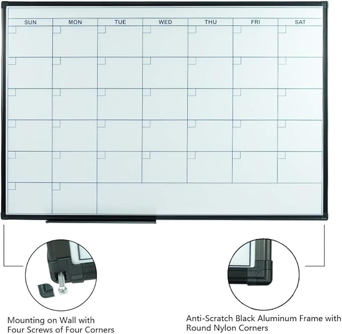 Lockways Dry Erase Calendar Whiteboard, Framed Magnetic Whiteboard Calendar 36 x 24 Inch, Ultra-Slim Black Aluminium Frame