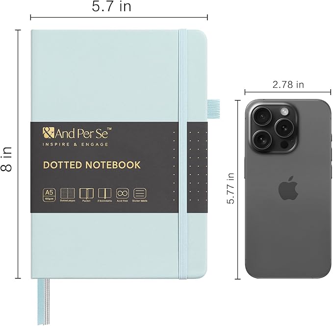 &And Per Se Dotted Journal Notebook, A5 Hardcover Leather Bullet Dotted Journal, 160 Pages 100 gsm Thick Paper, 3 Sheets of Stickers Included- 5.7'' x 8''（Cyan）