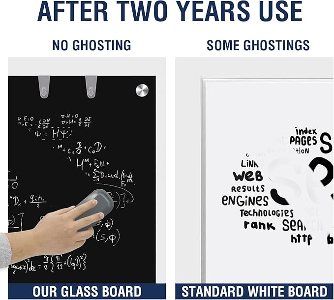 TSJ OFFICE Glass Dry-Erase Board - 48 x 30 Inches Wall Mounted Black Glass Magnetic Whiteboard, Large Frameless White Board for Office, Home & School