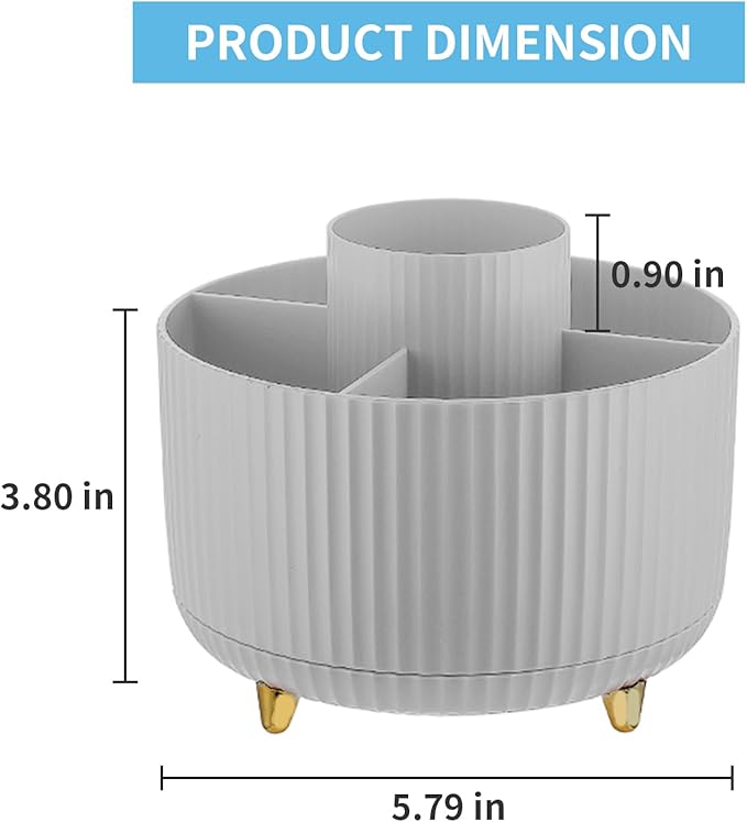 Marbrasse Desk Organizer, 360-Degree Rotating Pen Holder for Desk, Desk Organizers and Accessories with 5 Compartments Pencil Organizer, Art Supply Storage Box Caddy for Office, Home (Grey)