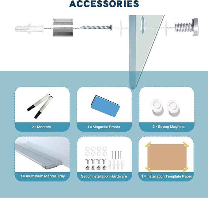 Magnetic Glass Whiteboard, 36"x48"(90x120cm) Frameless Dry Erase Board White Board Surface Wall Mounted for Office, Classroom & Home