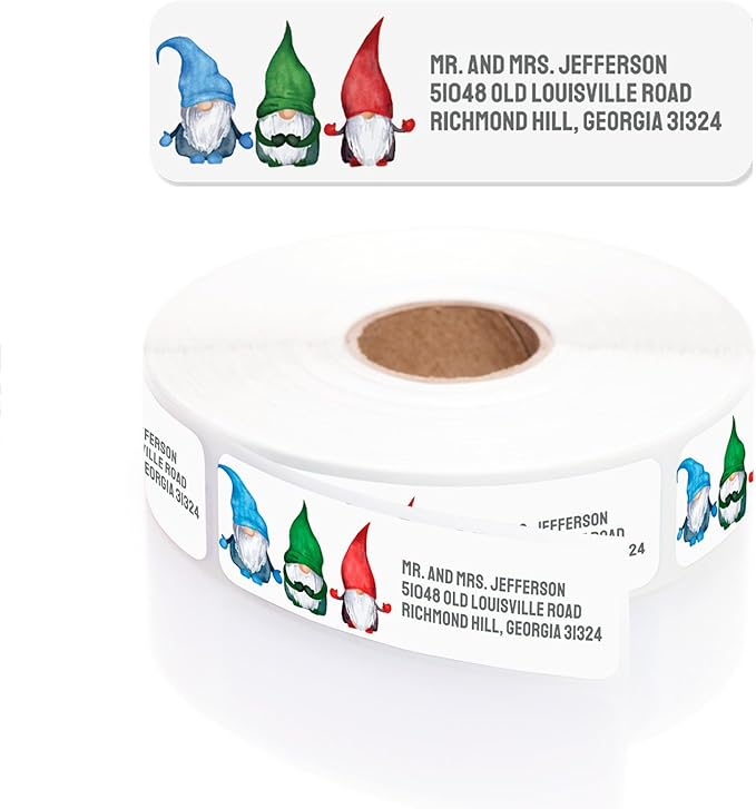 Watercolor Gnome Trio Rolled Address Labels / 500 Personalized Return Address Labels/Designer Address Stickers in Elegant Plastic Dispenser