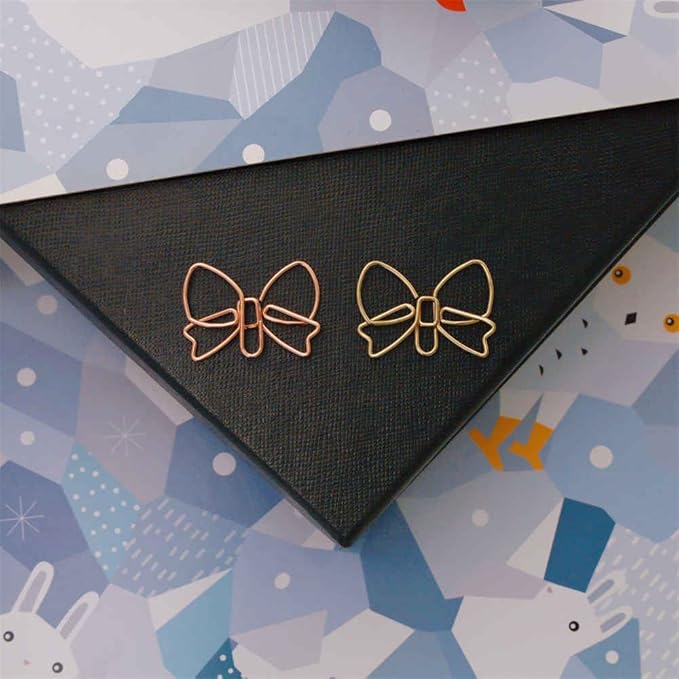 OWLFAVO Bowknot Shape 40pcs Paper Clips with Clear Box, Rose Gold and Yellow Gold, Funny Cute Paperclips Bookmarks Planner Clips for Fun Office Supplies School Gifts Wedding Decoration
