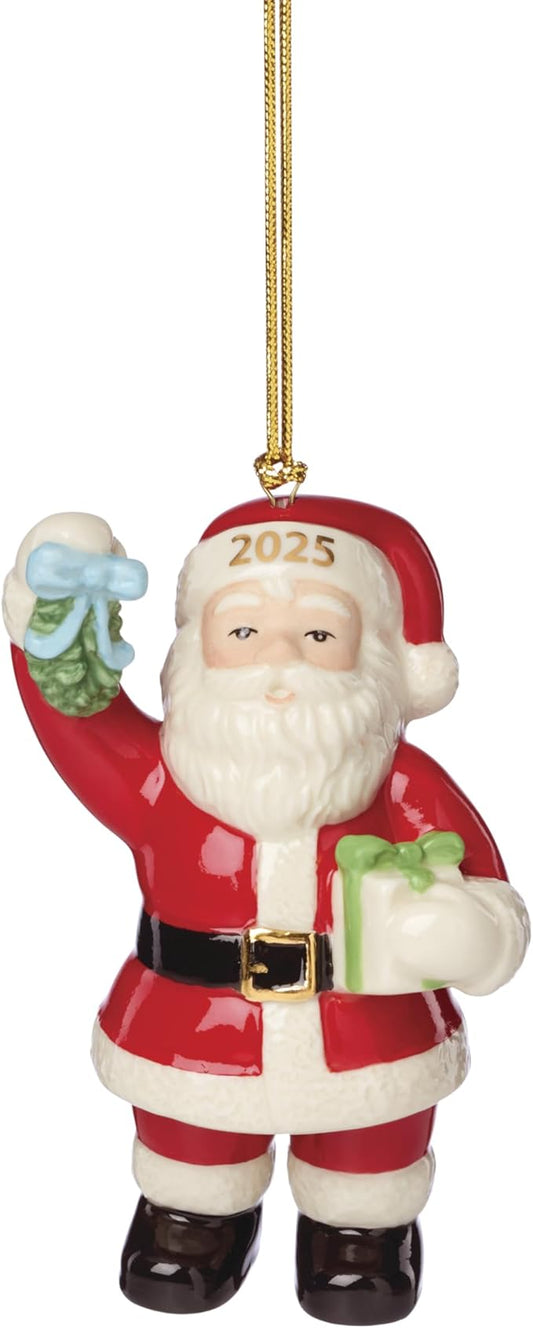 Lenox Ornament, 2025 Santa with Mistletoe Ornament, Made from Porcelain, Gold Accents, Features A Gold Cord for Hanging, Christmas Tree Decorations and Christmas Home Decor (Red & White, 1 Piece)