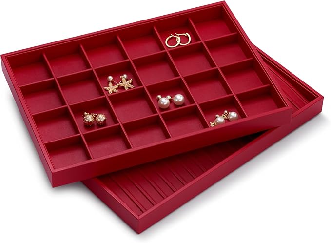 Oirlv Gorgeous Red Leather 24 Gird Jewelry Tray Stackable Jewelry Drawer Organizer Rings Earrings Organizer Storage