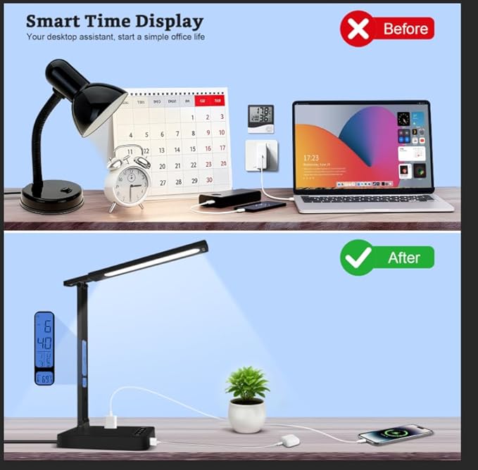 Smart Desk Lamp with Dual USB Charging (Type-C/USB-A) & 2 AC Outlets, Digital Clock, Temperature Display, 5 Color Modes, 5 Brightness, Adjustable - for Office, Bedroom, Dorm Room, Study