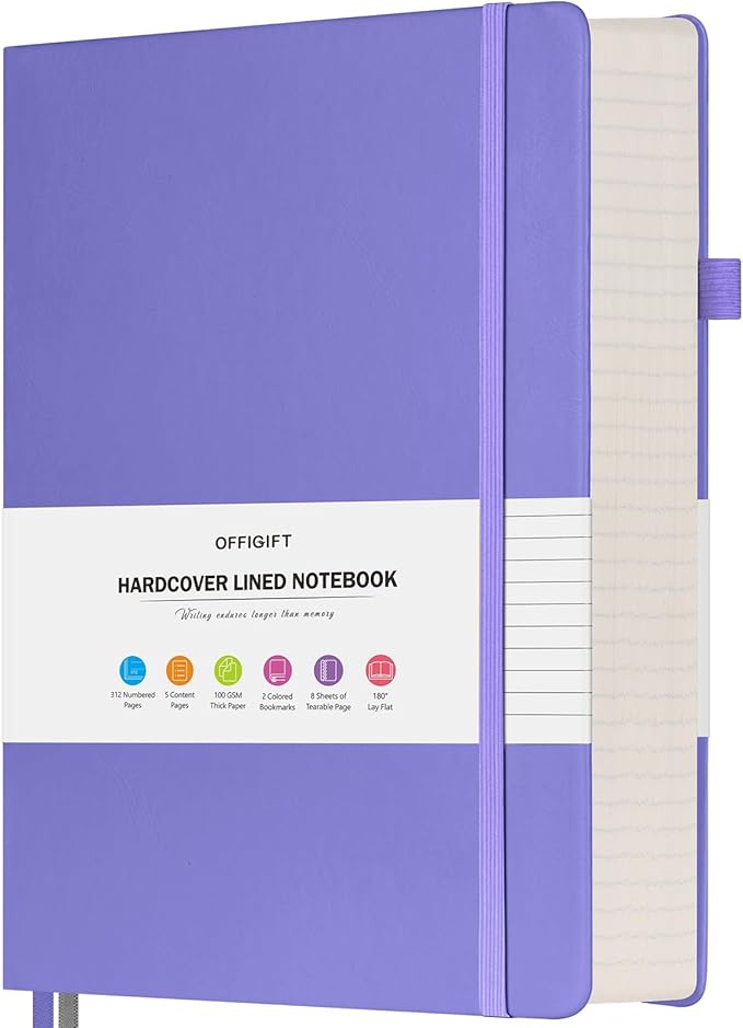 Lined Notebook Journal for Women Men, Large A5 College Ruled Notebook, 312 Numbered Pages Notebooks for Work, 100gsm Paper Daily Journal, Hardcover Vegan Leather Journals for Writing Office, Purple