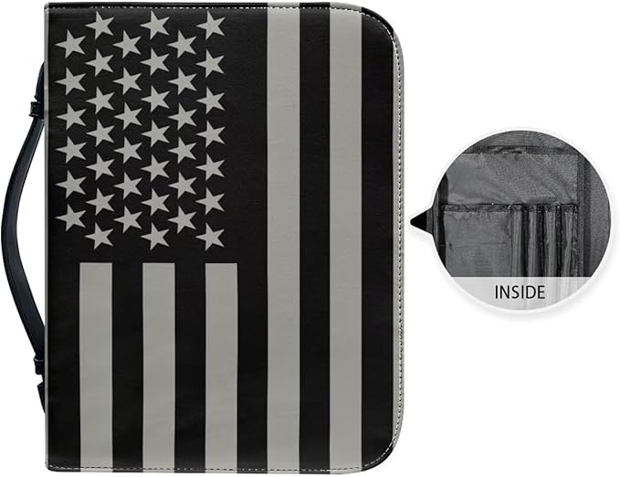 Lotusorchid American Flag Printed Leather Bible Cover for Women Size Large Bible Case with Handle and Zipper, Church Protector Bible Bags