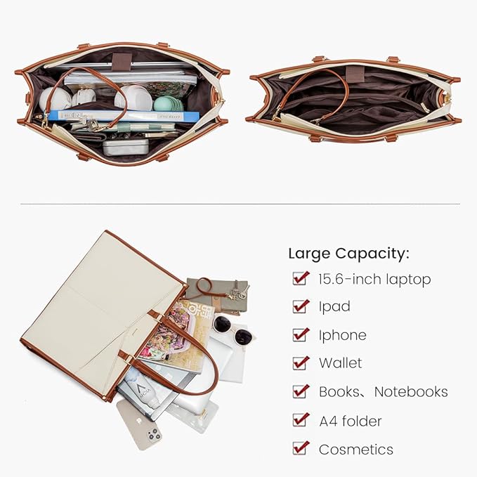 LOVEVOOK Laptop Bag for Women, 15.6 inch Laptop Tote Work Bag Cancas Casual Handbag for Travel Lightweight Shoulder Bag,Brown Beige