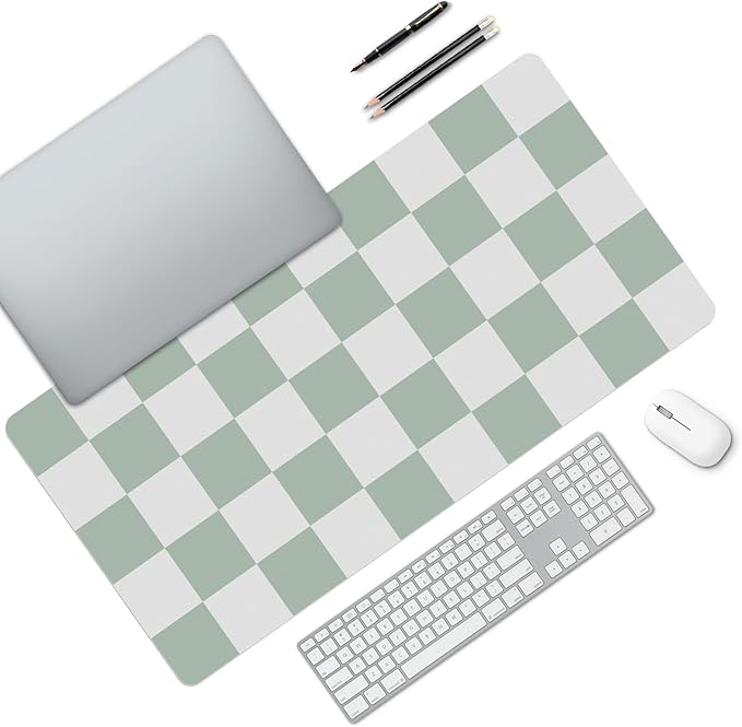 MAYCARI Cute Desk Mat Kawaii Mousepad, Anime Aesthetics Desk Pad XXL Cute Checkered White and Green Mouse Pad Computer Keyboard Mat, Office Desk Pad Protector 31.5"X15.7"