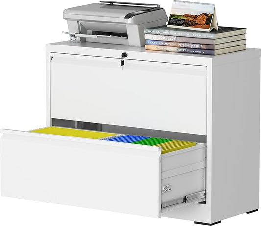 2 Drawer Lateral File Cabinet with Lock, File Cabinet, Metal Lateral Filing Cabinets for Home Office, File Storage Cabinet for Legal/Letter/A4 Documents, Assembly Required (White, 35'W)