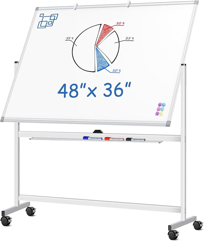 Large Rolling White Board, 48x36 in Double-Sided Mobile Whiteboard, maxtek Reversible Magnetic Dry Erase Board Easel Standing Whiteboard on Wheels Portable Board for Office Classroom and Home, Silver