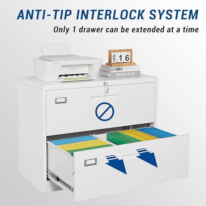 Lateral File Cabinet with Lock, 2 Drawer Large Metal Filing Cabinet,Home Office Lockable Storage Cabinet for Hanging Files Letter/Legal/F4/A4 Size-Assembly Required