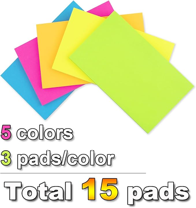 (15 Pads) Sticky Notes 3x5 in Bright Stickies Colorful Super Sticking Power Memo Pads Strong Adhesive