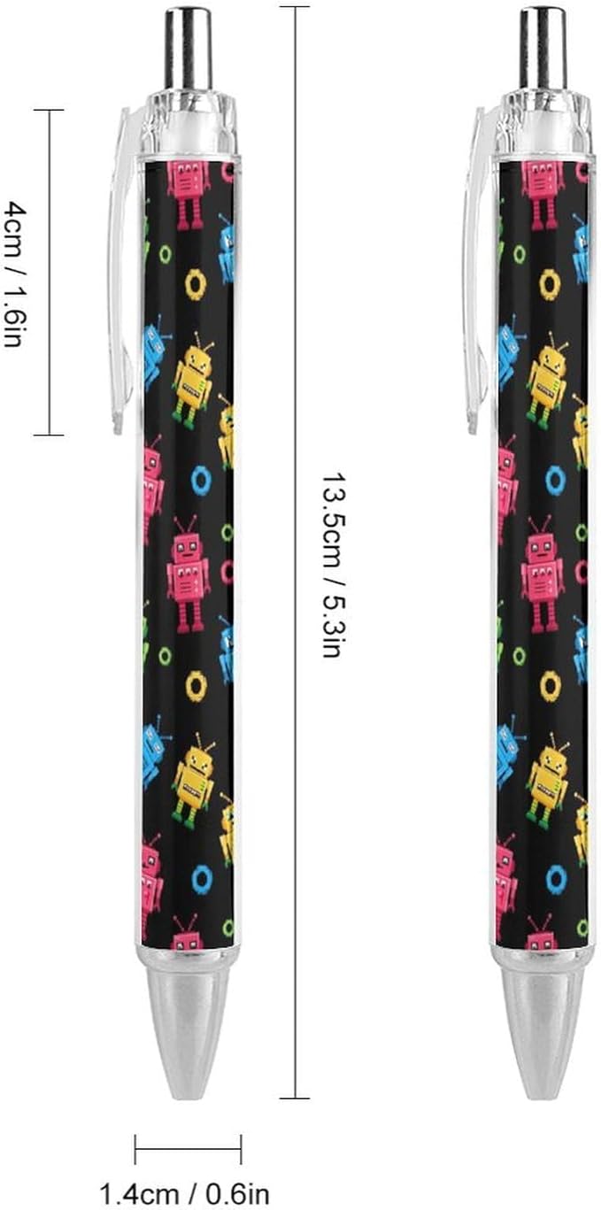 Cute Ballpoint Pens for Men Women, Colorful Robot Pattern Black Writing Pens Retractable Refillable Ink Pen for Home Office Stationary, 0.5mm, 2 Pcs