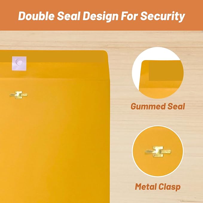 Manila Clasp Envelopes 10x13 100 Pcs, Creebe Large Brown Yellow 10 x 13 Envelopes with Clasp and Gummed Seal for Mailing, 100 GSM Kraft Paper