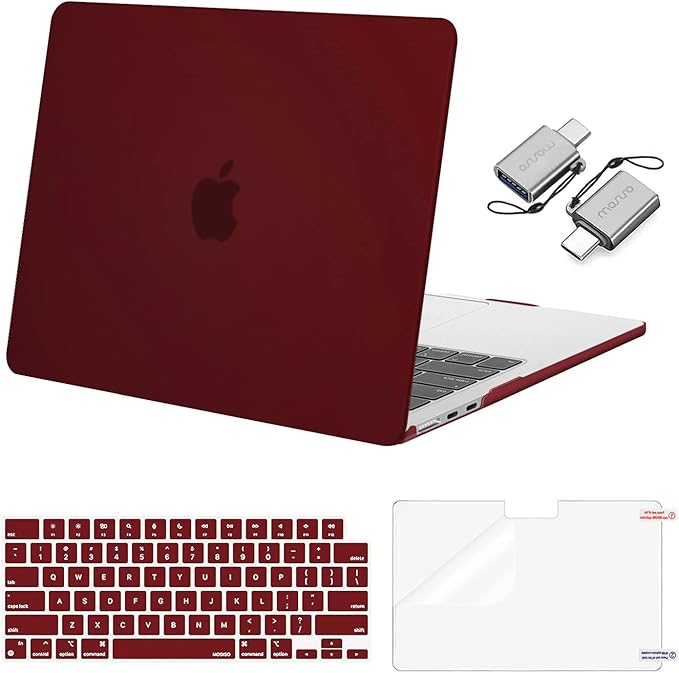MOSISO Compatible with MacBook Air 13 inch Case 2025 2024 2023 2022 M4 A3240 M3 A3113 M2 A2681, Plastic Hard Shell&Keyboard Cover&Screen Film&Type C for MacBook Air 13.6 inch Case, Burgundy