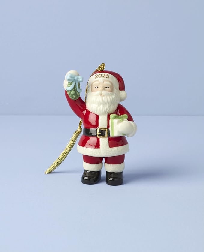 Lenox Ornament, 2025 Santa with Mistletoe Ornament, Made from Porcelain, Gold Accents, Features A Gold Cord for Hanging, Christmas Tree Decorations and Christmas Home Decor (Red & White, 1 Piece)