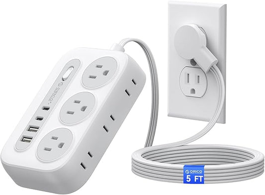ORICO Surge Protector Power Strip, Multiple Outlets Extension Cord with 6 AC Outlets 2 USB-A and 2 USB-C Ports, 5 ft Flat Plug Power Strip, Mountable Outlet Extender for Dorm/Office/Home- OG