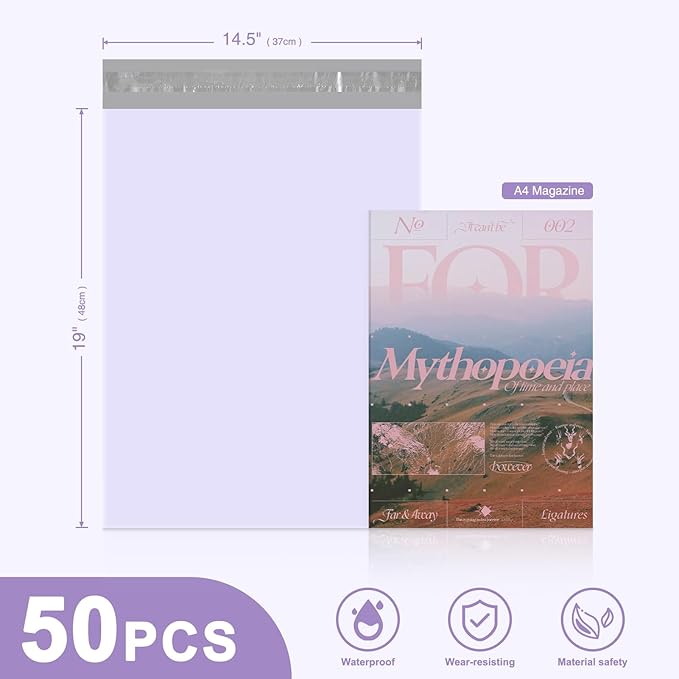 Metronic Large Poly Mailers 14.5x19 50PC, Waterproof Shipping Bags for Clothing, Tear-resistant Mailers Poly Bags for Small Business Suppliers, Strong Ahensive Self Seal Mailing Bags in Lilac Purple