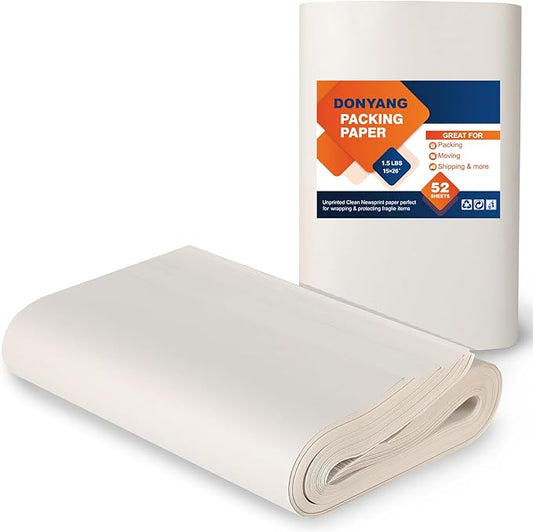 Newsprint Packing Paper for Moving Boxes, 26" x 15" Packing Boxes for Moving, Packaging, Shipping Supplies, 52 Sheets Newspaper Wrapping Material for Moving Essentials, Dishes Glassware Filler 1.5 lbs