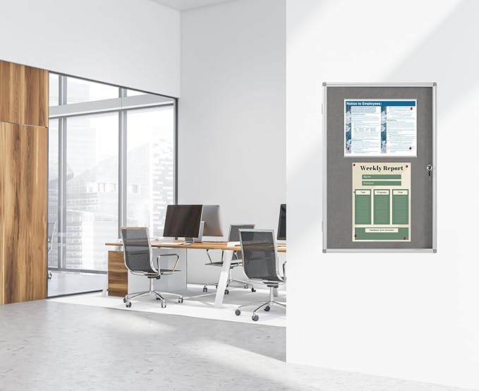 Lockable Display Case 24"x36" - Aluminum Enclosed Bulletin Board with Felt Lining - Wall Mounted Cabinet for School Office, Poster Memo Board