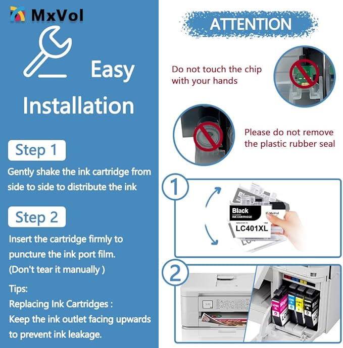 MxVol LC401XL Compatible Ink Cartridges Replacement for Brother LC-401XL LC401 LC-401 High Yield for MFC-J1010DW MFC-J1170DW MFC-J1800DW MFC-J1012DW Printer Ink (Black Cyan Magenta Yellow, 4-Pack)