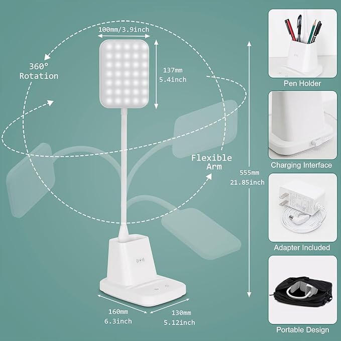 LED Desk Lamp with Wireless Charger, Sailstar White Desk Light with Pen Holder, 3 Color Modes with Stepless Dimming, CRI 85, 800 Lumen, Study Lamps for College Dorm Room, Home Office, Adapter Included