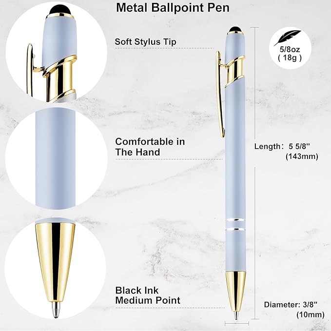 LINFANC 12 Pack Morandi Gold Ballpoint Pen with Stylus Tip, 1.0 mm Black Ink Smooth Writing Pens, Metal Stylus Pens for Touch Screens