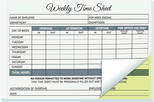300 Sets Employee Weekly Time Sheets Weekly Format, 2 Part Carbonless, 5.5 x 8.5 Inch Daily Time Sheet Log Book (6 Pack)