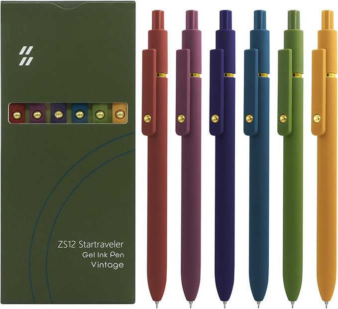 Gel Pens, 6 Pcs Black Ink Pens for Women, 0.5mm Fine Point Smooth Writing Pens, High-End Series Retractable Pens for Journaling Note Taking (6 Pcs Gold Vintage)