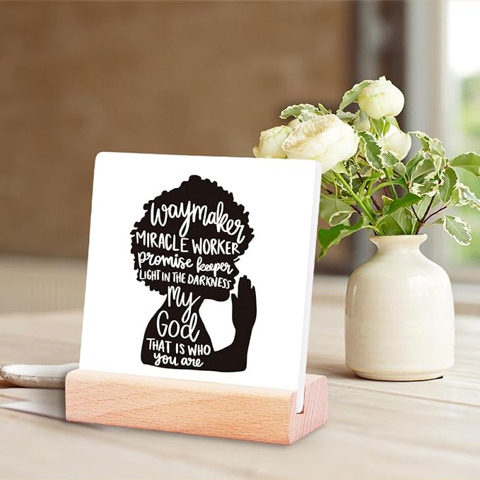 Motivational Quotes Office Desk Decor for Women Girls,Way Maker Miracle Worker Promise Keeper Ceramic Plaque Sign for Office Desk Shelf Decor,Gifts for Friends Coworkers