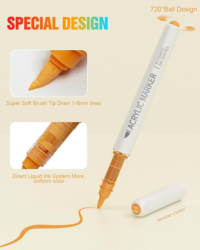 36 Colors Acrylic Paint Markers Brush Tip, Water-Based Paint Pens with Automatic Ink Control for Arts & Crafts, School, Classroom, Works on Paper, Metal, Wood, Ceramic, Glass, Rock, Canvas
