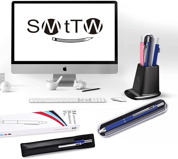 SMTTW 4-in-1Multicolor Pen,Mechanical Pencil&Black Red Blue Metal Pen,Multi Colored Pens in One with Portable Case,Refillable Ballpoint Pen with Gift Box,Professional,Executive Multifunction Pen(Blue)