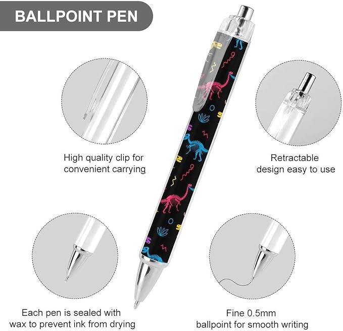 Men Women Cute Ballpoint Pens, Retractable Pen with Black Ink, Dinosaurs Skeletons Colorful Print Writing Pens for Home Office Supplies, 0.5 mm, Pack of 2