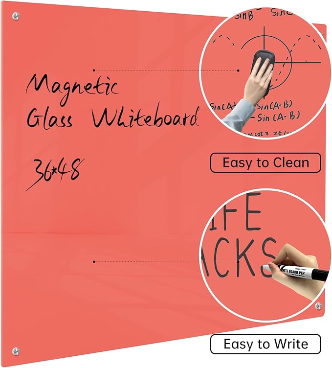 Magnetic Glass Dry Erase Board - White Board 48 x 36 Inch Wall Mounted Glass Whiteboard, Large Frameless Glass White Board for Wall Office, Home & School, Red