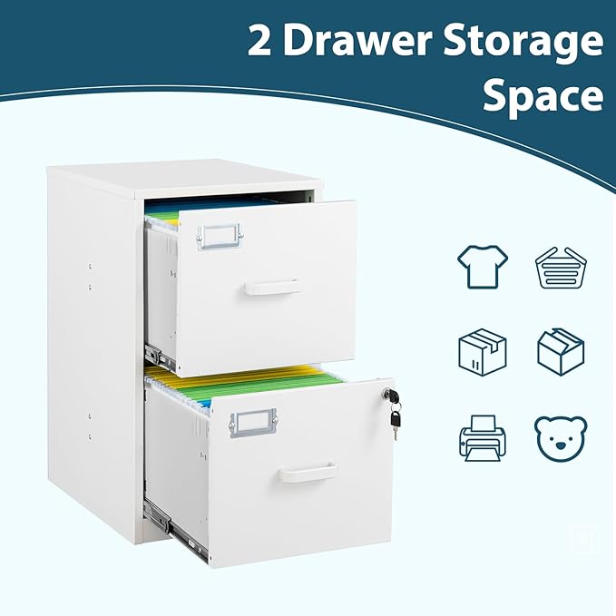 MIIIKO 2 Drawer Filing Cabinet with Lock, Metal Vertical File Cabinets for Home Office, Lockable File Storage Cabinets Under Desk, Letter/A4 File Folders Storage（White-Assembly Required