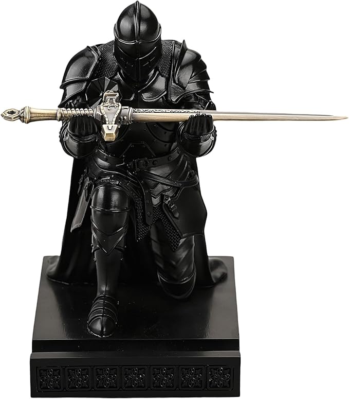Medieval Armored Warrior Wearing Outerwear, Mobile Phone Stand Knight Pen Holder Desk Organizers, Resin Bookends Paperweight with a Letter Opener for Desk (Black)
