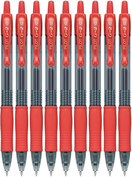 G2 Retractable Premium Gel Ink Roller Ball Pens Fine Point Fine Point (.7mm) Red Ink 9-pk; Refillable & Premium Comfort Grip Bundle with Plastic Reusable Pouch