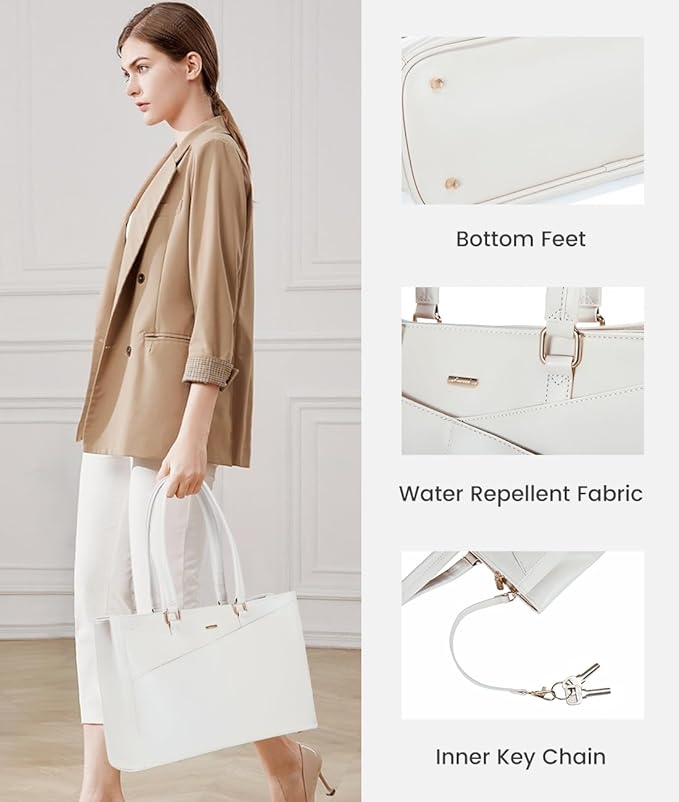 LOVEVOOK Laptop Bag for Women 15.6 Inch Tote Bags Waterproof Leather Briefcase Computer Women Business Office Work Bag,White