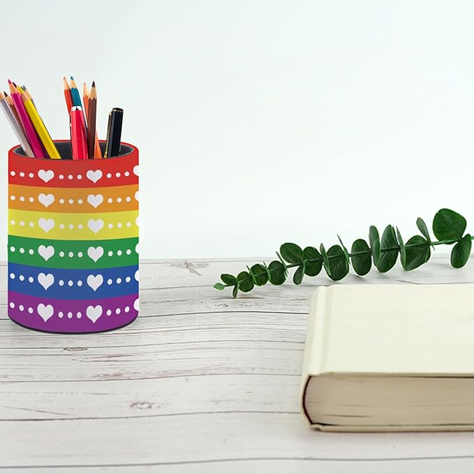 LGBT Rainbow Pride Flag Pen Holder Pencil Organizer Cute Pencil Cup Desk Decor Makeup Brush Holder PU Multifunctional Office Suppliesfor Home Classroom School