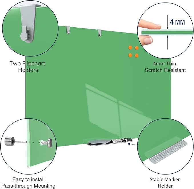 TSJ OFFICE Glass Dry-Erase Board - 36 x 24 Inches Wall Mounted Magnetic Whiteboard, Large Frameless Glass White Board for Office, Home & School, Green