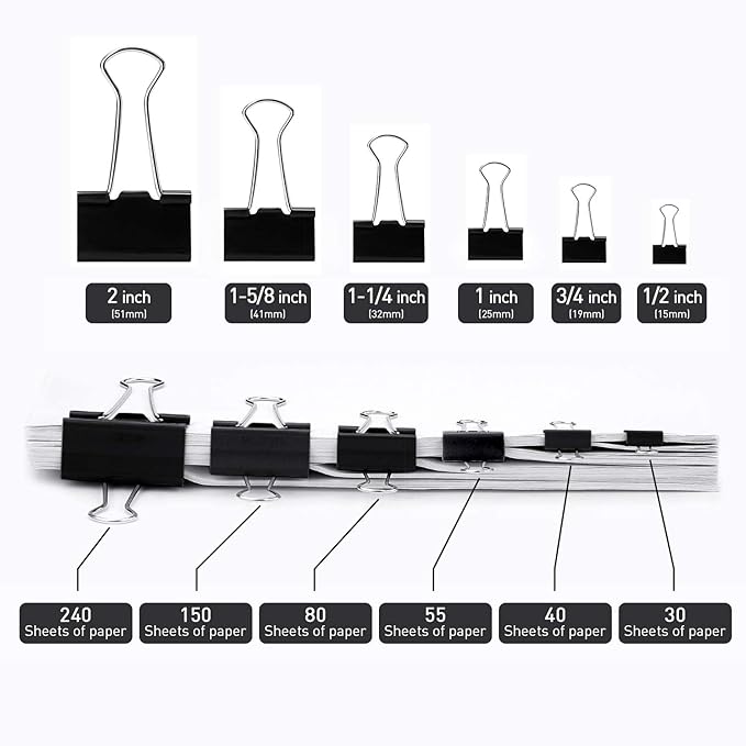 Medium Binder Clips, 48 Pack, 1-1/4 Inch, Standard 32mm, Black, Capacity 0.6 Inch, Medium Clips, Fold Clamp, Binder Clips Medium Size, Office Supplies