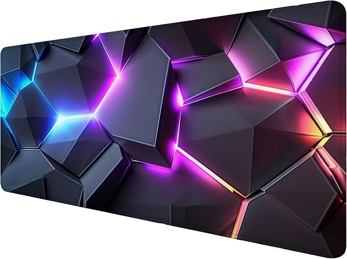 Neon 3D Geometry Desk Pad Mouse Pad Colorful Crack Cool Extended Gaming Mouse Pad Mat with Stitched Edge Non-Slip Base Big Mouse Pad Office Computer Keyboard Laptop Home 31.5"x11.8"