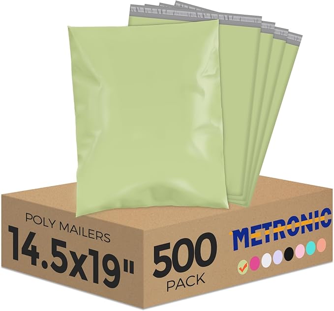 Metronic Poly Mailers 14.5X19 500Pack, Strong Adhesive Shipping Envelopes for Clothing, Waterproof Shipping Bags for Small Businesses, Flexible Mailers Poly Bags Packaging Bags,Avocado Green