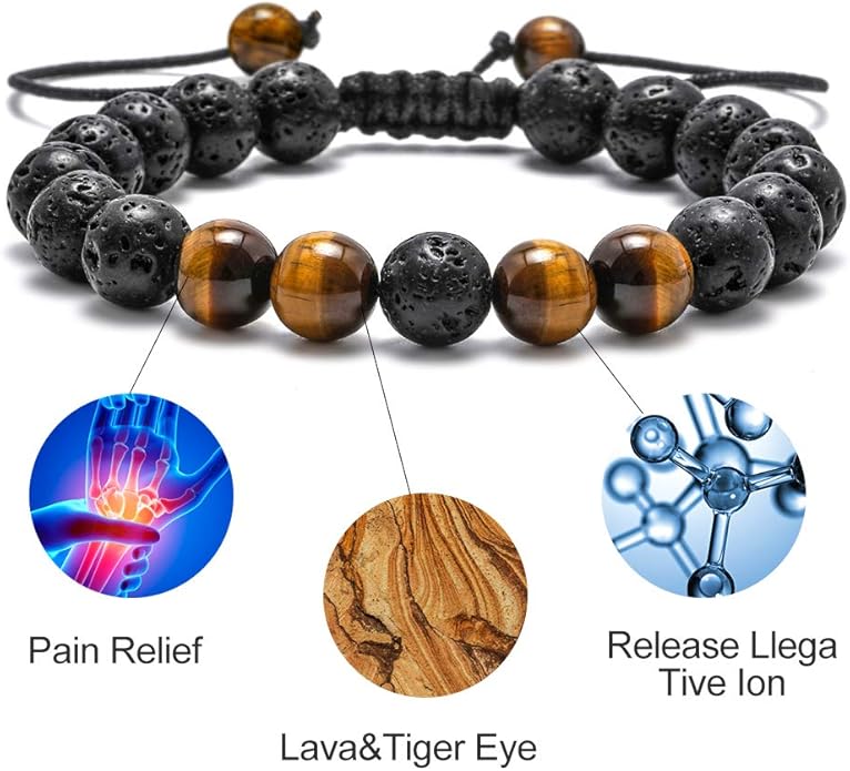 M MOOHAM Natural Stone Bracelets for Men - 8mm Tiger Eye | Matte Agate | Lava Rock Bracelets for Men Teen Boys Gifts Birthday Anniversary Christmas Gifts for Men Teens