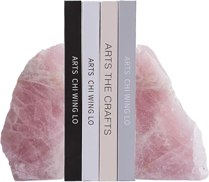 Natural Rose Quartz Bookends with Rubber Feet 3-4Lbs Heavy Duty Non-Slip Pink Crystal Bookends | Raw & Polished Stone | Healing Office Decor Gift